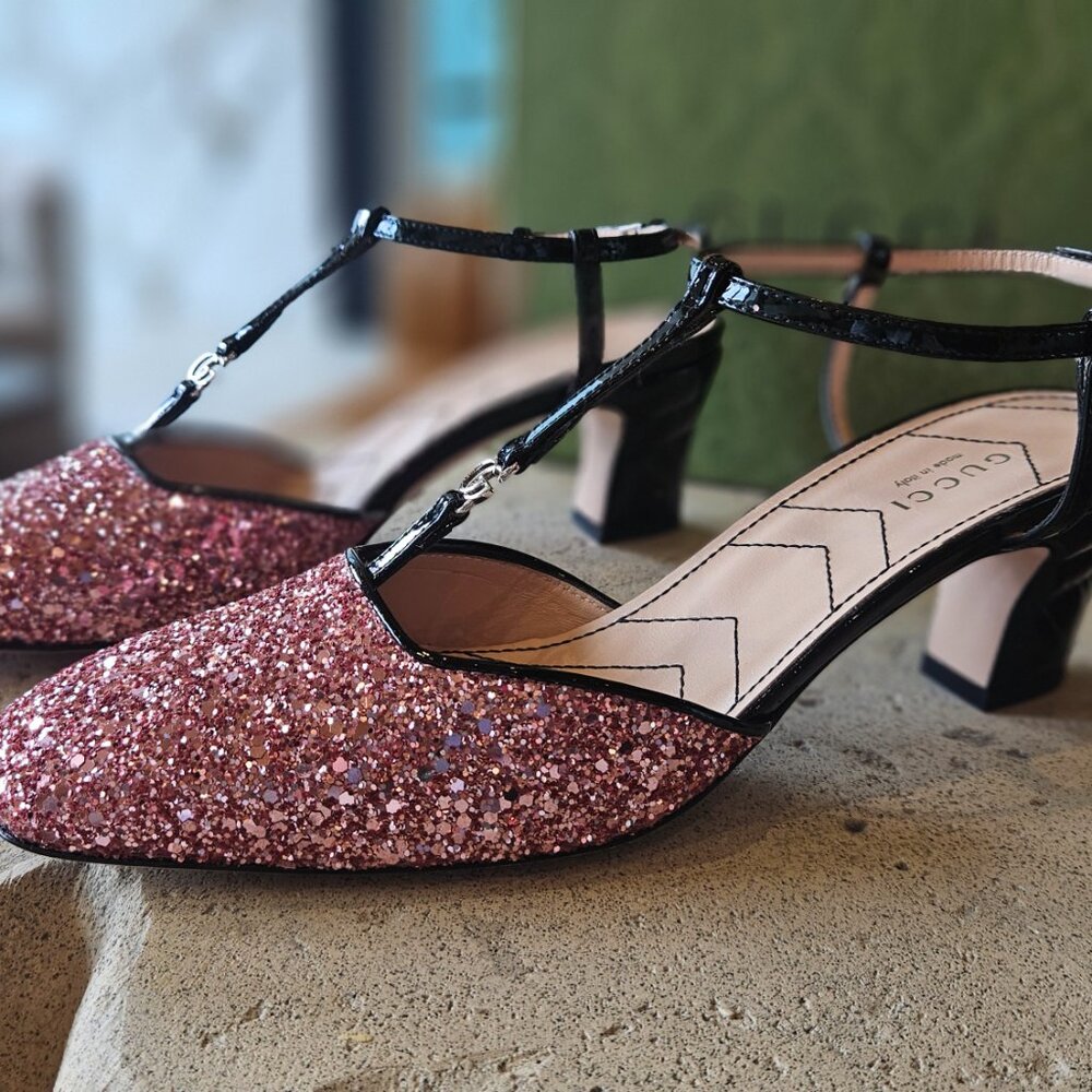 Gucci Pink Glitter Slingback Double G Pumps 55mm size 36+